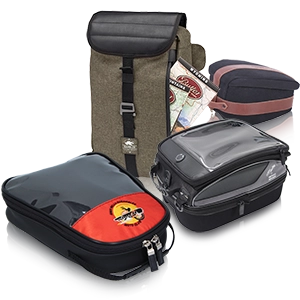 Various motorcycle tank bags and luggage rolls in different designs.